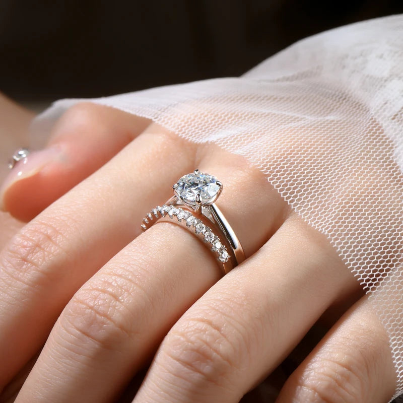 8mm 2.0CT D Moissanite Bridal Set Solitaire Ring 925 Silver Stackable Band for Women Engagement Wedding Finger Jewelry Sets S925