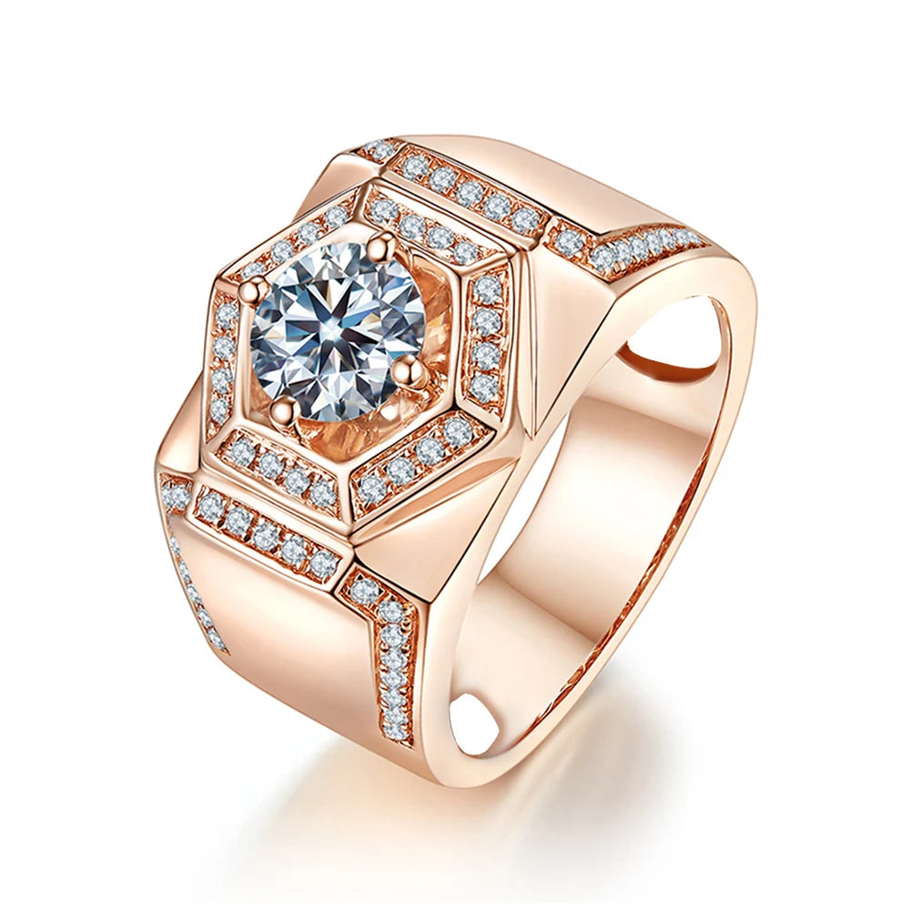Original 925 Sterling Silver Ring Round Moissanite Diamond Mens Rings Rose Gold Color Thick Luxury Wedding Grooms Fine Jewelry