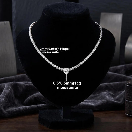 Heart Pendant 2mm Moissanite Tennis Necklace Certified 925 Sterling Silver Wedding Jewelry Riviera Choker Necklace Gift for Her