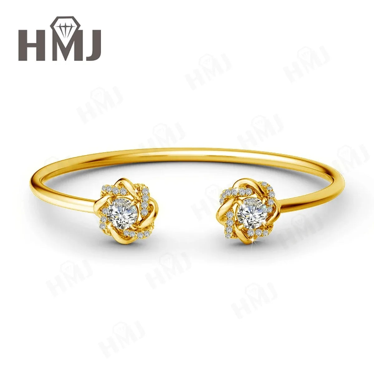 Moissanite Open Bangle Bracelet 6.5mm Round Cut 925 Sterling Silver 18K Gold Plated Romantic Sweet Daily Wear Bridal Jewelry