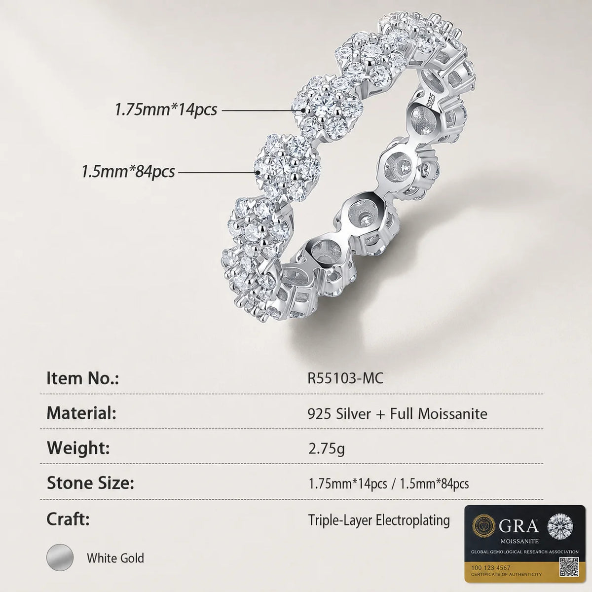 Flower Cluster Moissanite Eternity Band Ring Pave Stackable S925 Silver D Color VVS1 GRA Certified Gift for Women