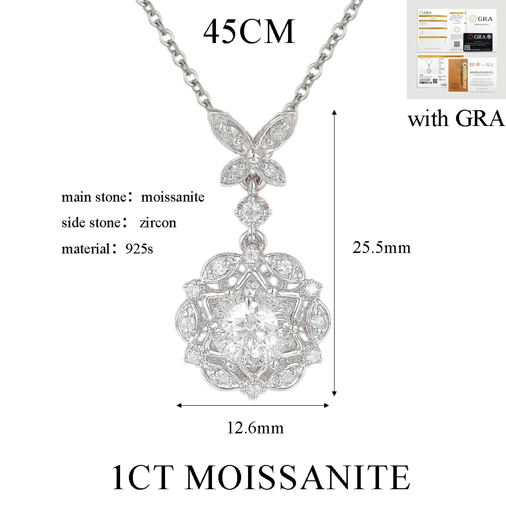 TBCYD 1CT Moissanite Pendant Necklace Silver 925 Women's Butterfly Flower Necklace High Quality Sparkling Mother's Jewelry Gifts