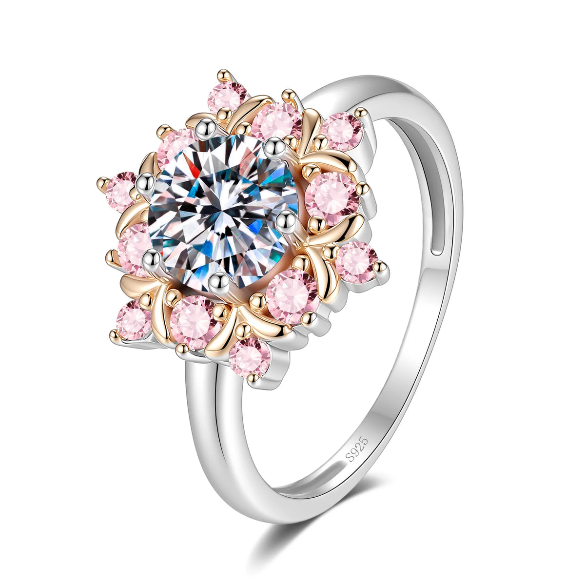 1CT Round Moissanite Halo Engagement Ring Two Tone 925 Sterling Silver Wedding Jewelry Gift For Women