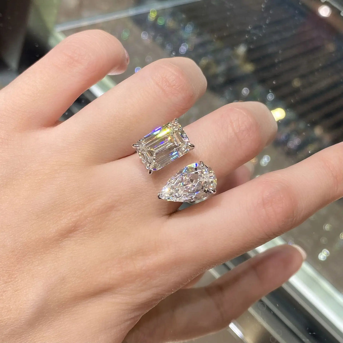 6+6 Carat Two Stone Moissanite Ring for Women. 925 sterling silver, pear and square cut, adjustable opening to 12 carats