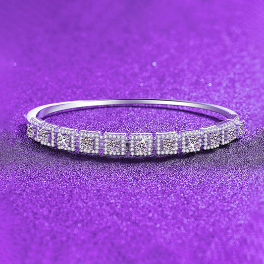S925 Silver White Gold Plated 2.2CT D Color Moissanite Full Row Square Continuous Bangle for Women, Exquisite Jewelry.