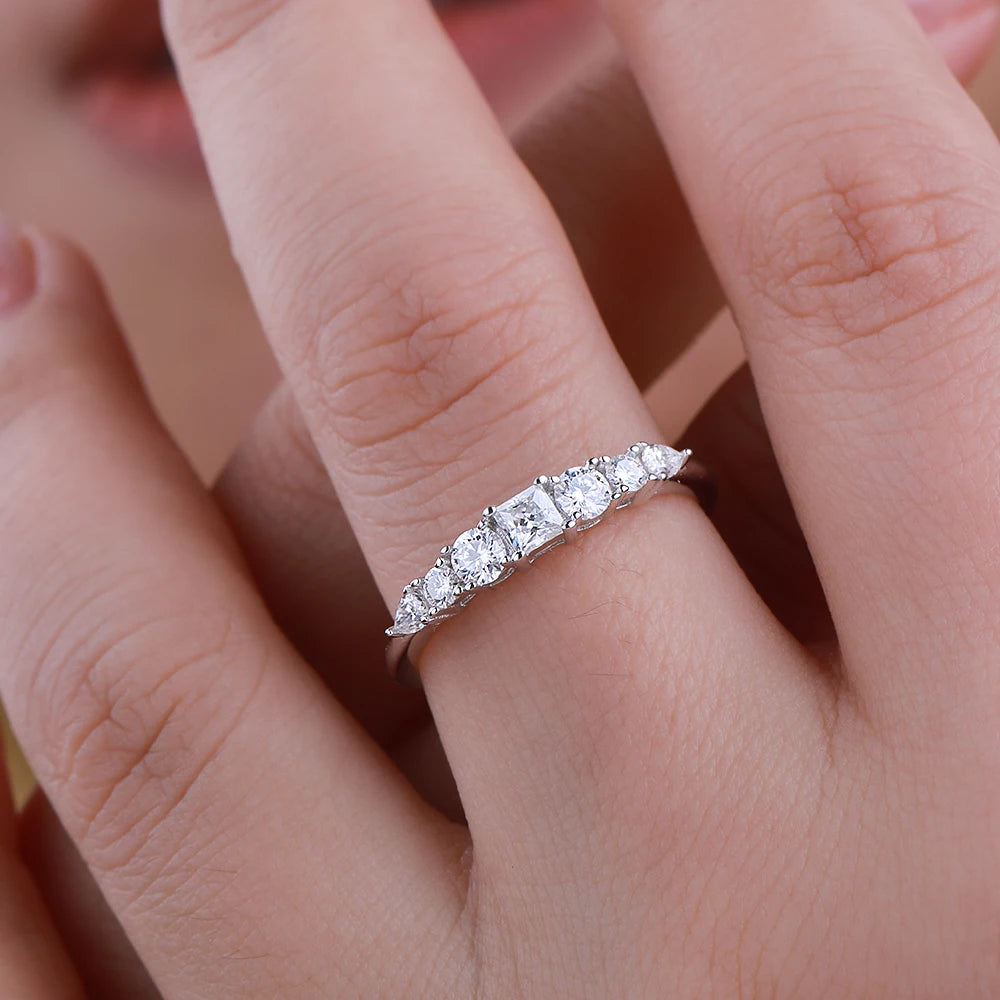 7 Stone All Moissanite Half Eternity Ring for Women 925 Sterling Silver Stackable Bands Wedding Engagement Rings Fine Jewelry