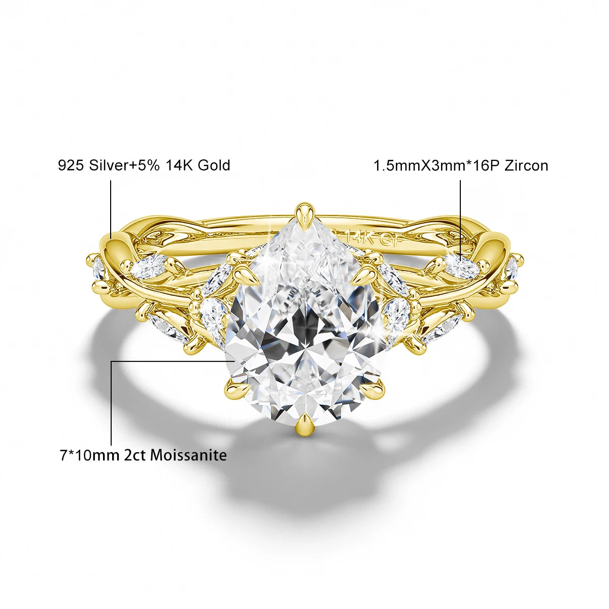 Premium 14K Gold Filled 2CT Pear Cut Moissanite Ring Bridal Wedding Sparkle Diamond Ring for Women Fine Jewelry 1/20 14k GF 925