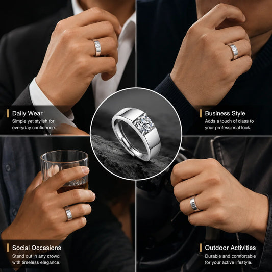 LongZhe Moissanite Ring for Men Rings for Men 925 Sterling Silver Adjustable Open Ring 1CT 6.5mm Fine Jewelry Gift
