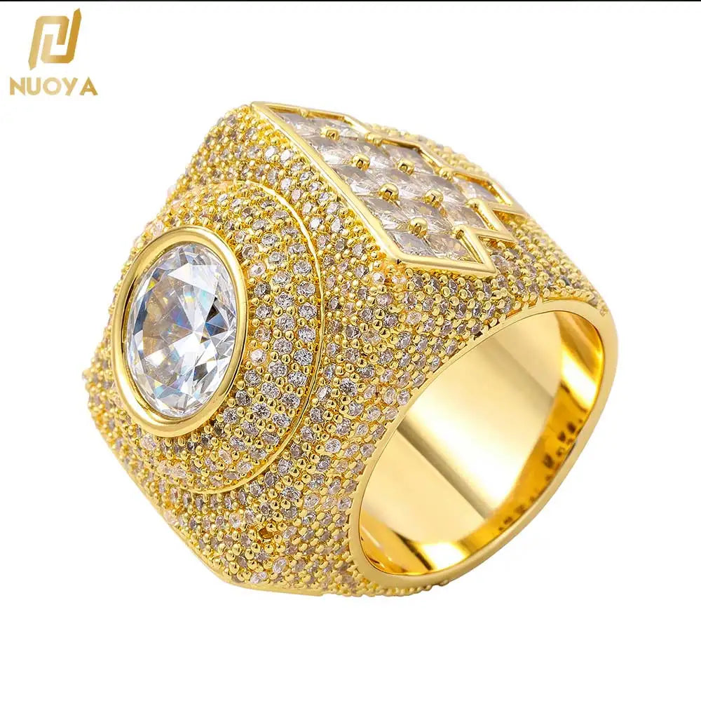 NUOYA Brass Moissanite Heavy Square Signet Ring 18K Gold Plated Micro Pave Pass Diamond Tester Hip Hop Jewelry Gift for Men