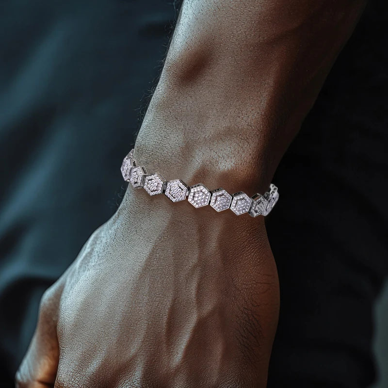 MossanRappr Moissanite Hexagon Bracelet 925 Sterling Silver Iced out Bracelet for Men Women Party Jewelry Fashion Accessory