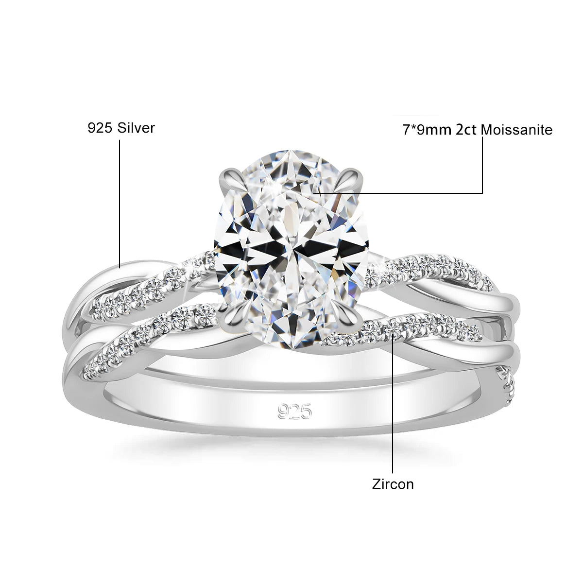 Oval Cut Moissanite Bridal Ring Set 2CT 925 Silver Brilliant Twisted Band Wedding Set Elegant Gift for Women Anniversary Jewelry