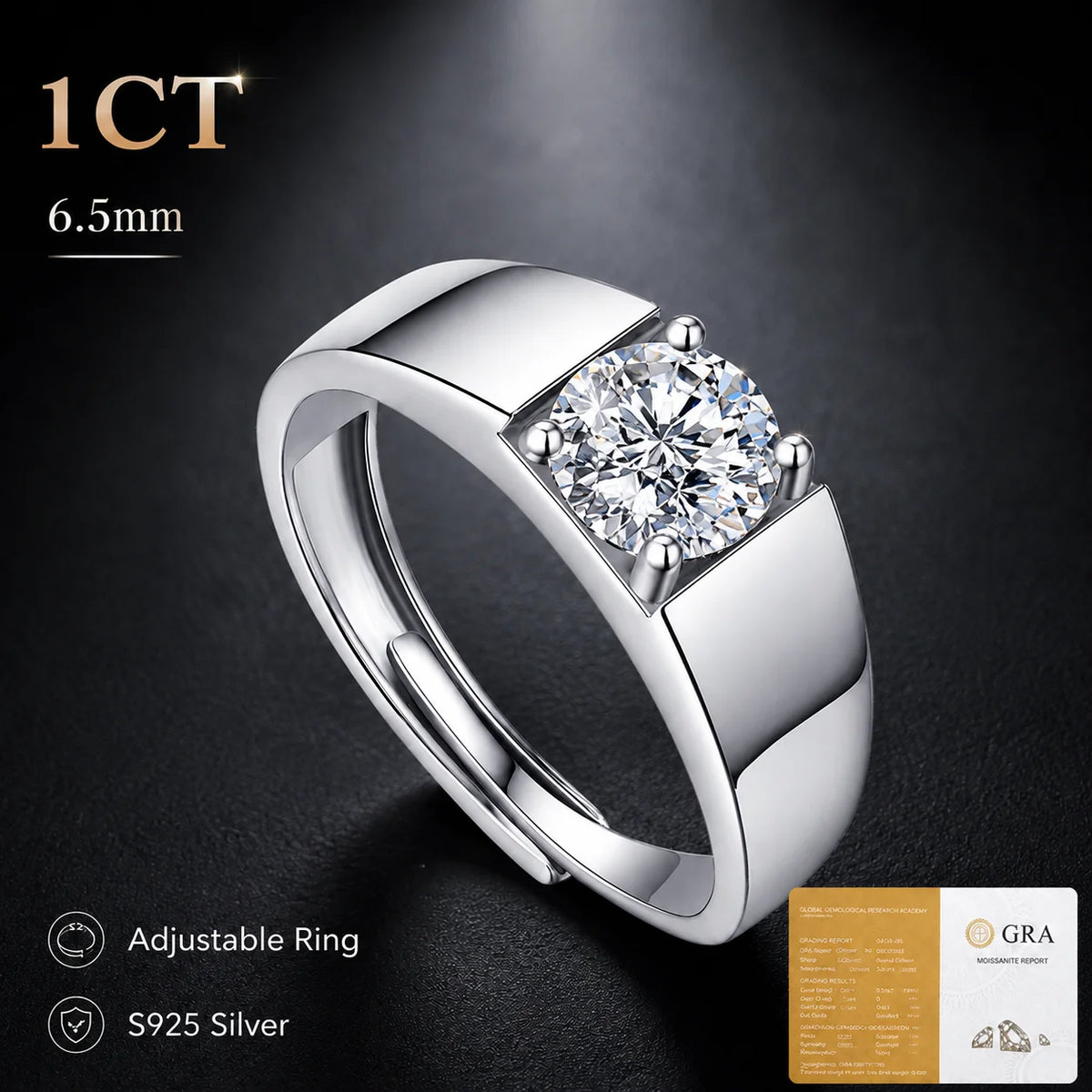 LongZhe Moissanite Ring for Men Rings for Men 925 Sterling Silver Adjustable Open Ring 1CT 6.5mm Fine Jewelry Gift