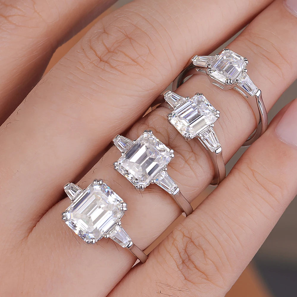 1-4 Carat Emerald Cut Moissanite Rings for Women D VVS1 Three Stone Diamond Engagement Ring Side Baguettes 925 Silver Jewelry