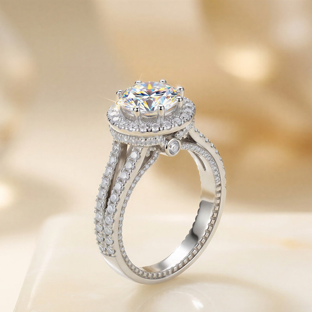 Everly Halo Engagement Ring - moissanite double halo on a split pavé band
