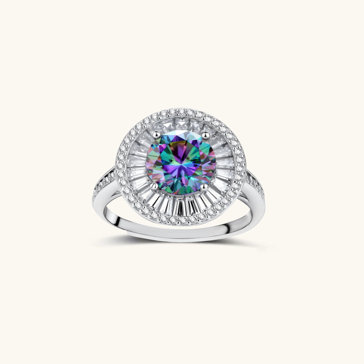 2 CT Round Baguette Halo Moissanite Ring