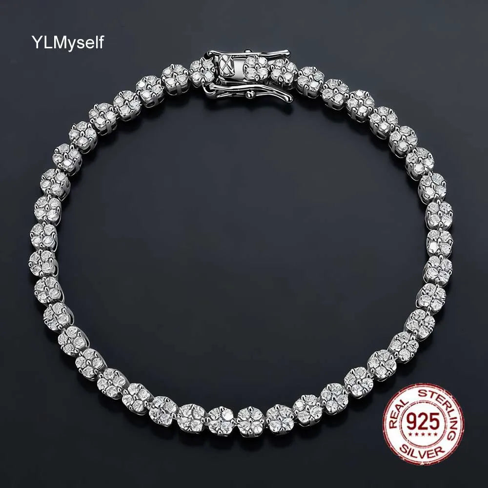 YLMyself Moissanite Tennis Bracelet Flower Cluster 925 Sterling Silver D-Color VVS1 Wedding Fine Jewelry Gift for Women