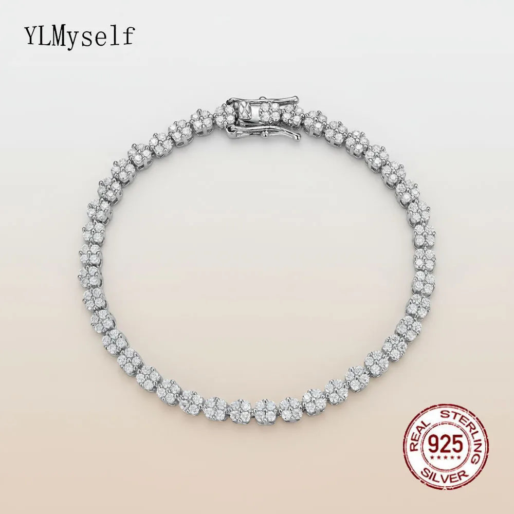 YLMyself Moissanite Tennis Bracelet Flower Cluster 925 Sterling Silver D-Color VVS1 Wedding Fine Jewelry Gift for Women