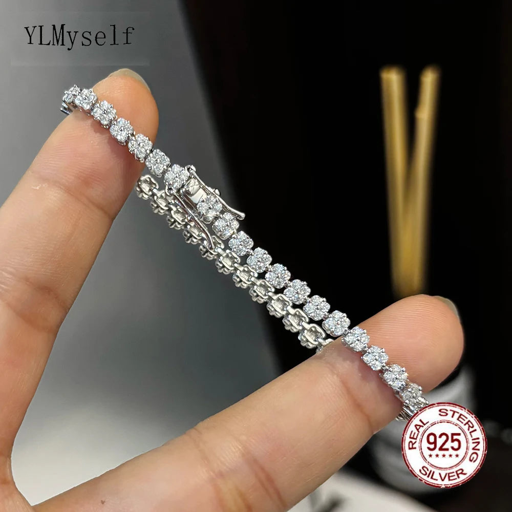 YLMyself Moissanite Tennis Bracelet Flower Cluster 925 Sterling Silver D-Color VVS1 Wedding Fine Jewelry Gift for Women