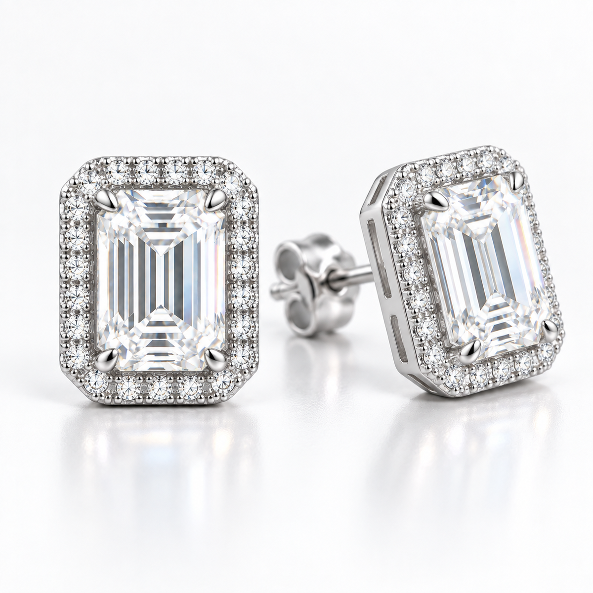 0.5–2 CT Emerald Cut Halo Moissanite Stud Earrings