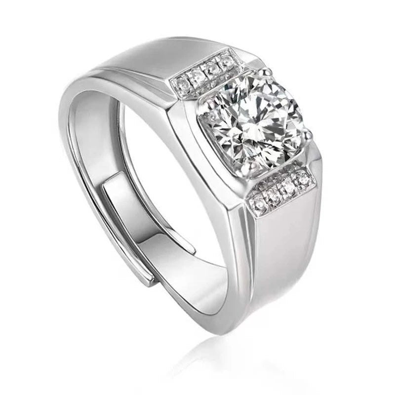 Luxury 925 Sterling Silver 1ct D Color VVS1 Round Moissanite Men Ring Plated White Gold Engagement Adjustable Rings Jewelry Gift