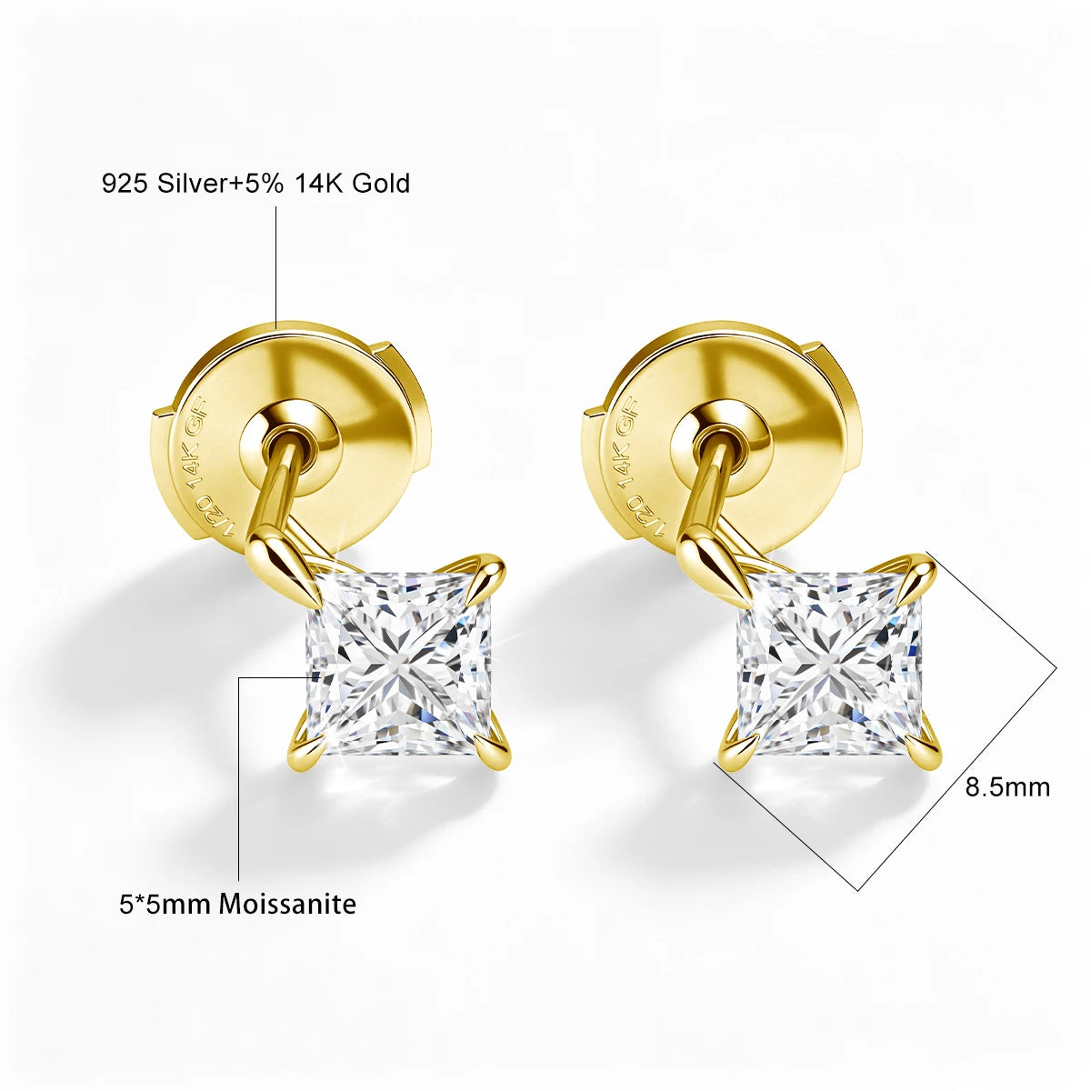 Au585 Moissanite Diamond Earrings D Color Princess Cut Solid 14K Gold Filled Ear Studs for Women Valentine's Day Birthday Gift