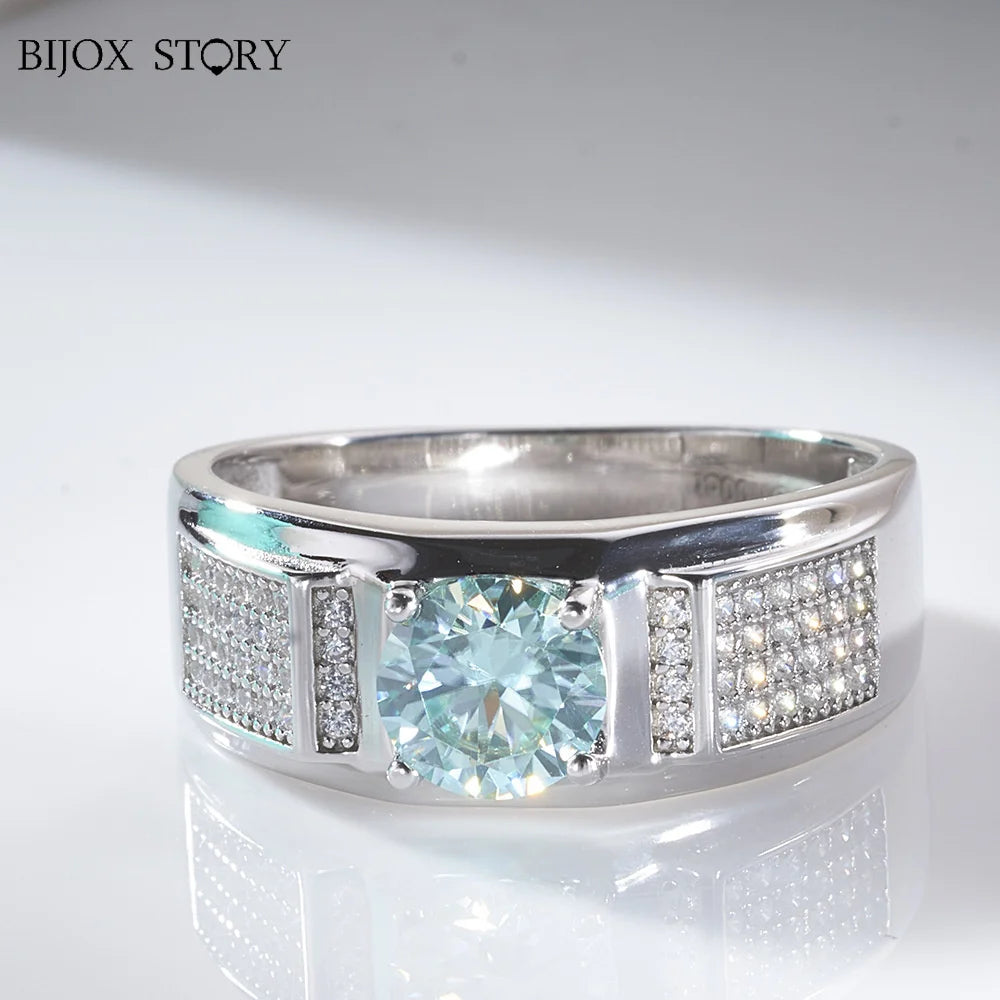 Moissanite Rings For Men Round Cut Blue Green Color Moissanite Ring Luxury 2023 Male Moissanite Ring Dating Party Gift