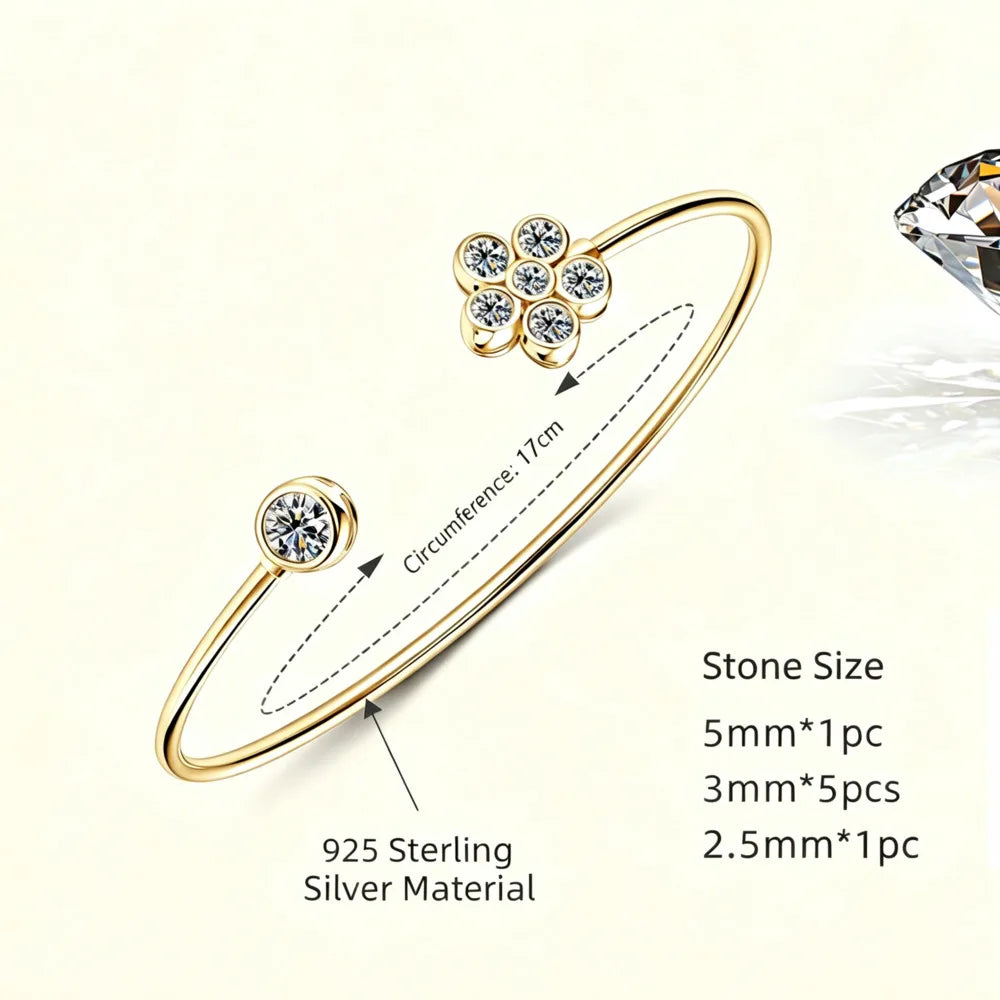 925 Sterling Silver Clover Cluster Moissanite Open Bangle D VVS1 Single Round Bezel Fine Jewelry For Women Daily Party Gift