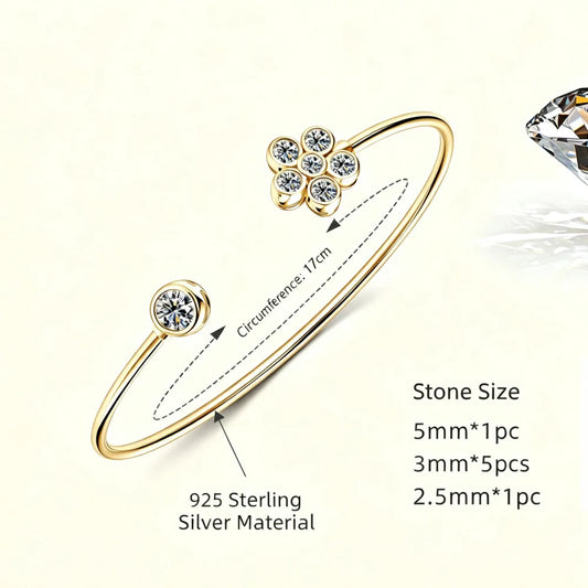 925 Sterling Silver Clover Cluster Moissanite Open Bangle D VVS1 Single Round Bezel Fine Jewelry For Women Daily Party Gift