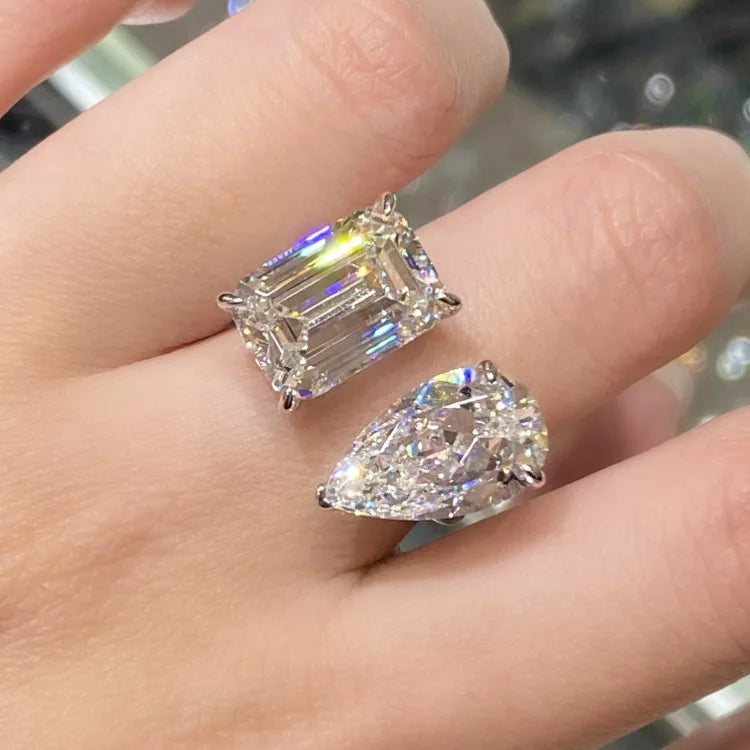 6+6 Carat Two Stone Moissanite Ring for Women. 925 sterling silver, pear and square cut, adjustable opening to 12 carats