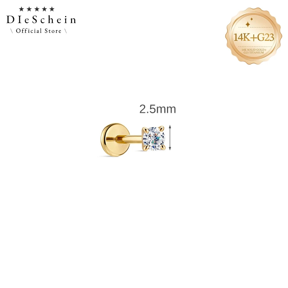 DIeSchein Genuine 14k Solid Gold Flat Back Moissanite Stud Earrings Minimalist Tragus Piercing Cartilage 14k Earring for Women