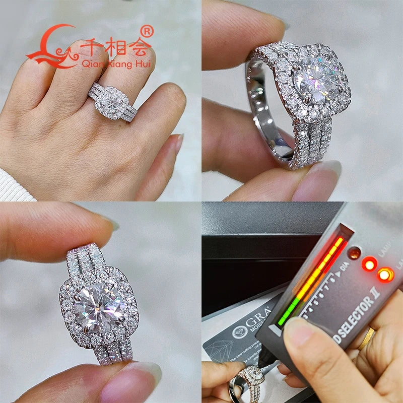 2ct 8mm cushion  Moissanite Ring three rows half Band 925 Silver hip hop Men women Diamonds Male Jewelry
