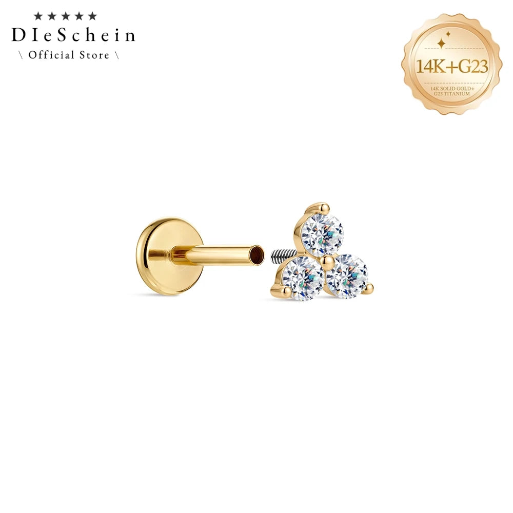 DIeSchein Genuine 14k Solid Gold Flat Back Moissanite Stud Earrings Minimalist Tragus Piercing Cartilage 14k Earring for Women