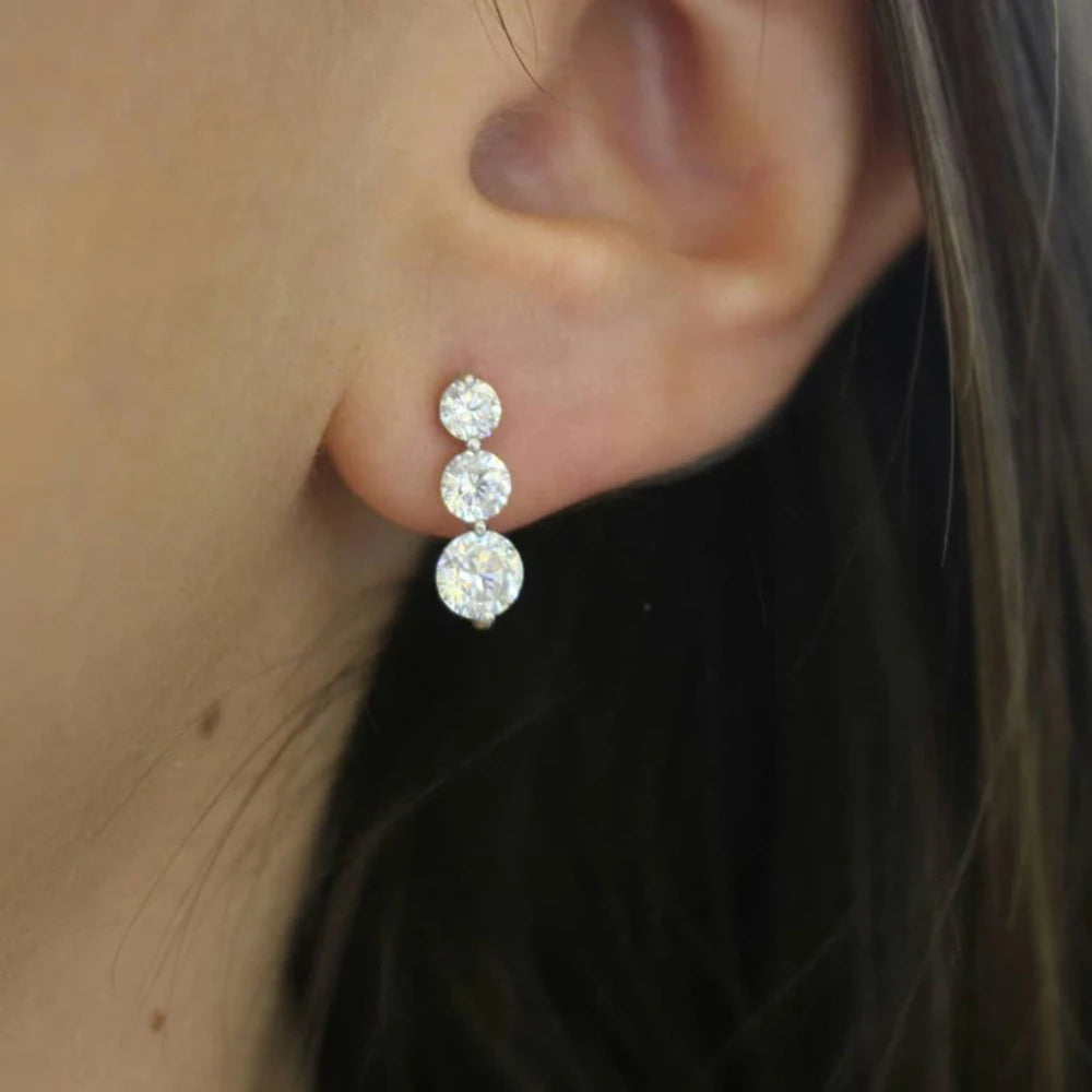 3-Stone Size Gradient All Moissanite Stud Earrings for Women S925 Silver D Color VVS1 Diamond Drop Earring With GRA Certificate