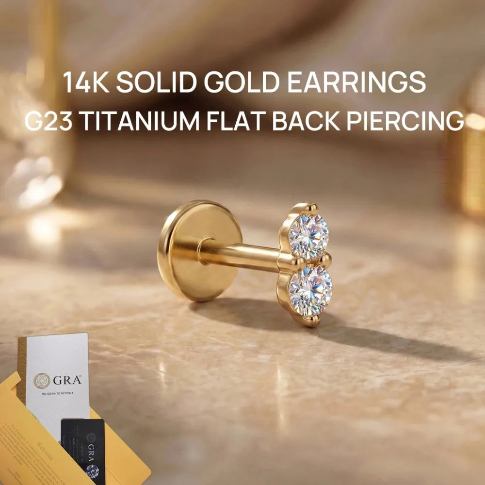 DIeSchein Genuine 14k Solid Gold Flat Back Moissanite Stud Earrings Minimalist Tragus Piercing Cartilage 14k Earring for Women