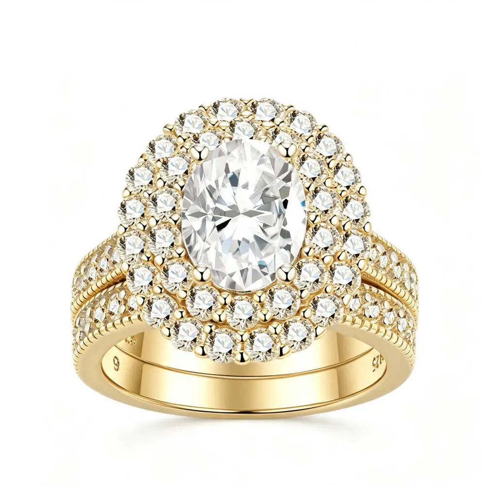 925 Silver Oval Cut Double Halo Pave Stackable Ring Set D VVS1 Moissanite Multi Tone Luxury Wedding Engagement Jewelry For Women