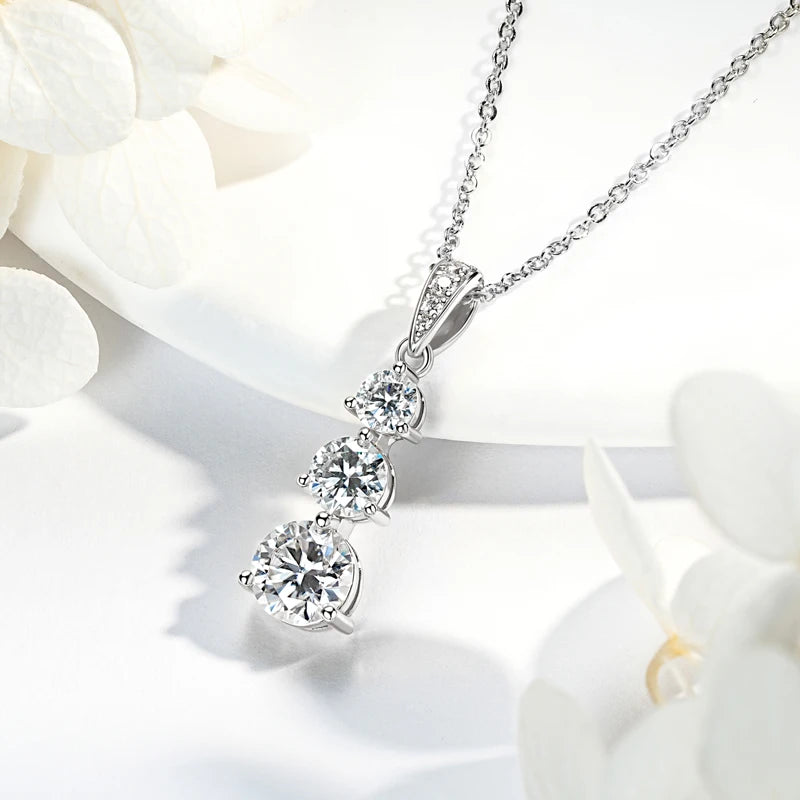 Moissanite Three stone Pendant necklace for Women 925 Sterling Silver Round Cut Adjustable Clavicle Chain Necklace Jewelry Gift