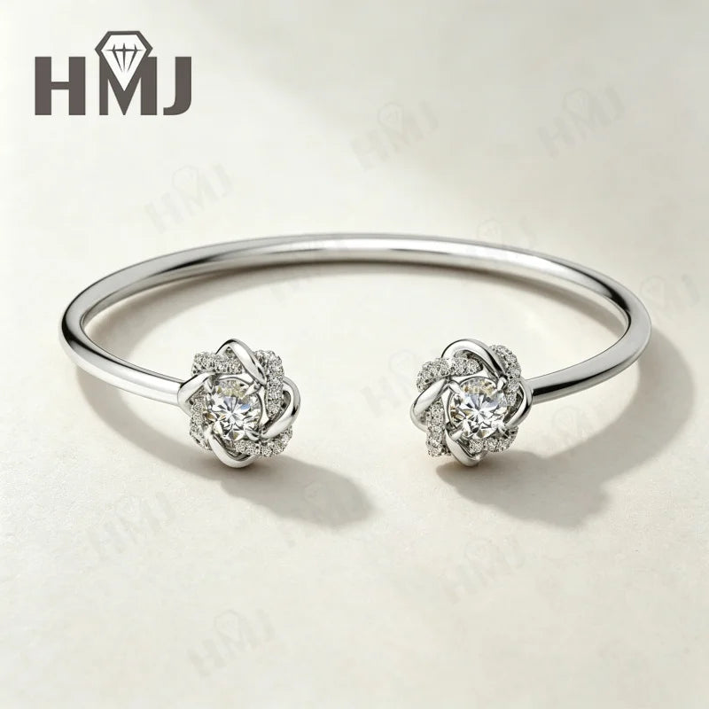 Moissanite Open Bangle Bracelet 6.5mm Round Cut 925 Sterling Silver 18K Gold Plated Romantic Sweet Daily Wear Bridal Jewelry
