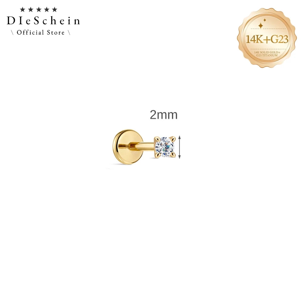 DIeSchein Genuine 14k Solid Gold Flat Back Moissanite Stud Earrings Minimalist Tragus Piercing Cartilage 14k Earring for Women