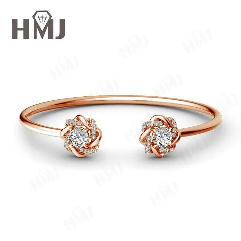 Moissanite Open Bangle Bracelet 6.5mm Round Cut 925 Sterling Silver 18K Gold Plated Romantic Sweet Daily Wear Bridal Jewelry