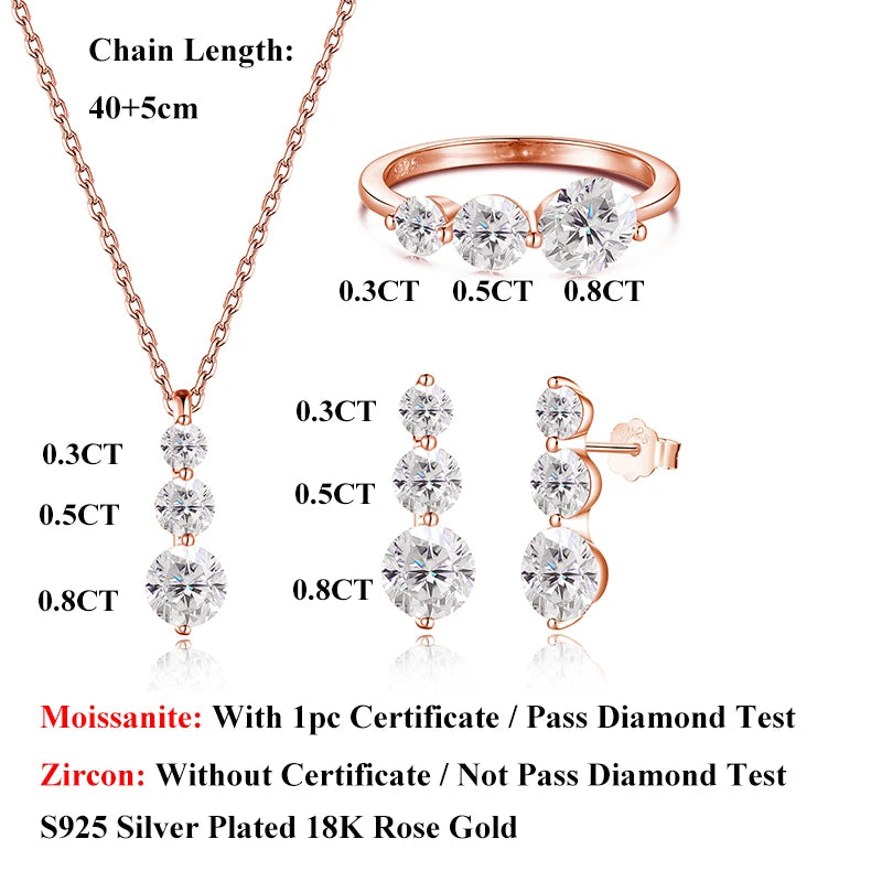 EWYA 3-Stone Round Cut All Moissanite Earrings Ring Pendant Women Full Lab Diamond 925 Silver Party Bridal Fine Jewelry Set Gift