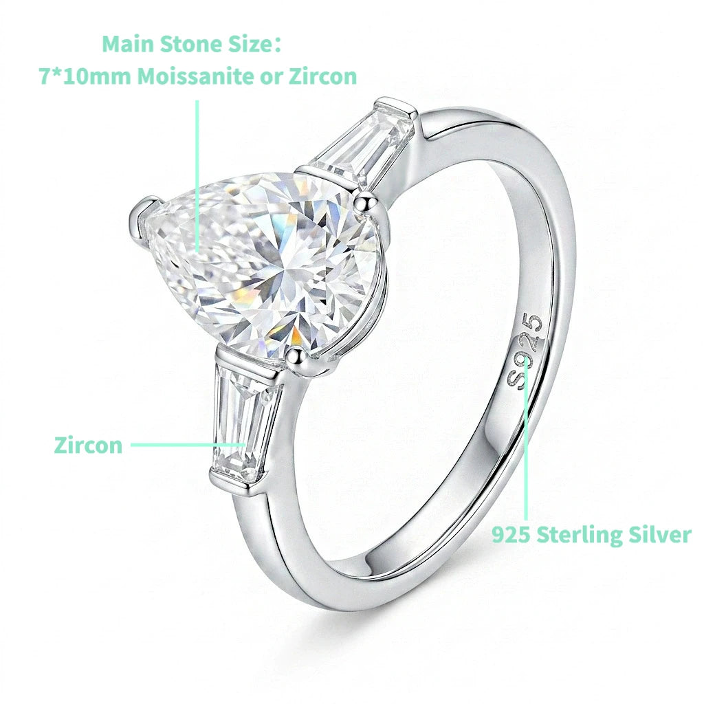 Ts 925 Sterling Silver Moissanite Ring For Women Men 2ct Pear Cut D Color Moissanite Lab Grown Diamond Jewelry Gift Brand Ring