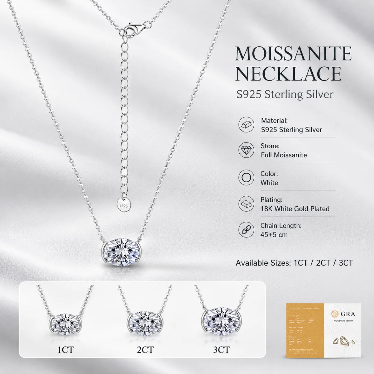S925 Sterling Silver Oval Moissanite Necklace for Women 1CT 2CT 3CT Double Side Pendant Clavicle Chain Gift GRA Certified