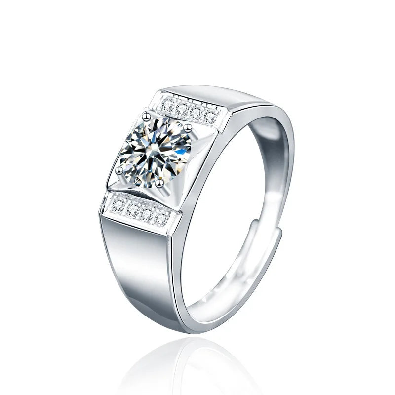 Luxury 925 Sterling Silver 1ct D Color VVS1 Round Moissanite Men Ring Plated White Gold Engagement Adjustable Rings Jewelry Gift