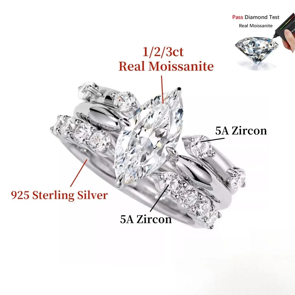 1/2/3CT Marquise Cut Moissanite Rings Set Women 925 Sterling Silver Stackable Bands Wedding Engagement Gifts Diamond Jewelry GRA