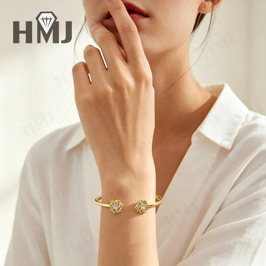 Moissanite Open Bangle Bracelet 6.5mm Round Cut 925 Sterling Silver 18K Gold Plated Romantic Sweet Daily Wear Bridal Jewelry