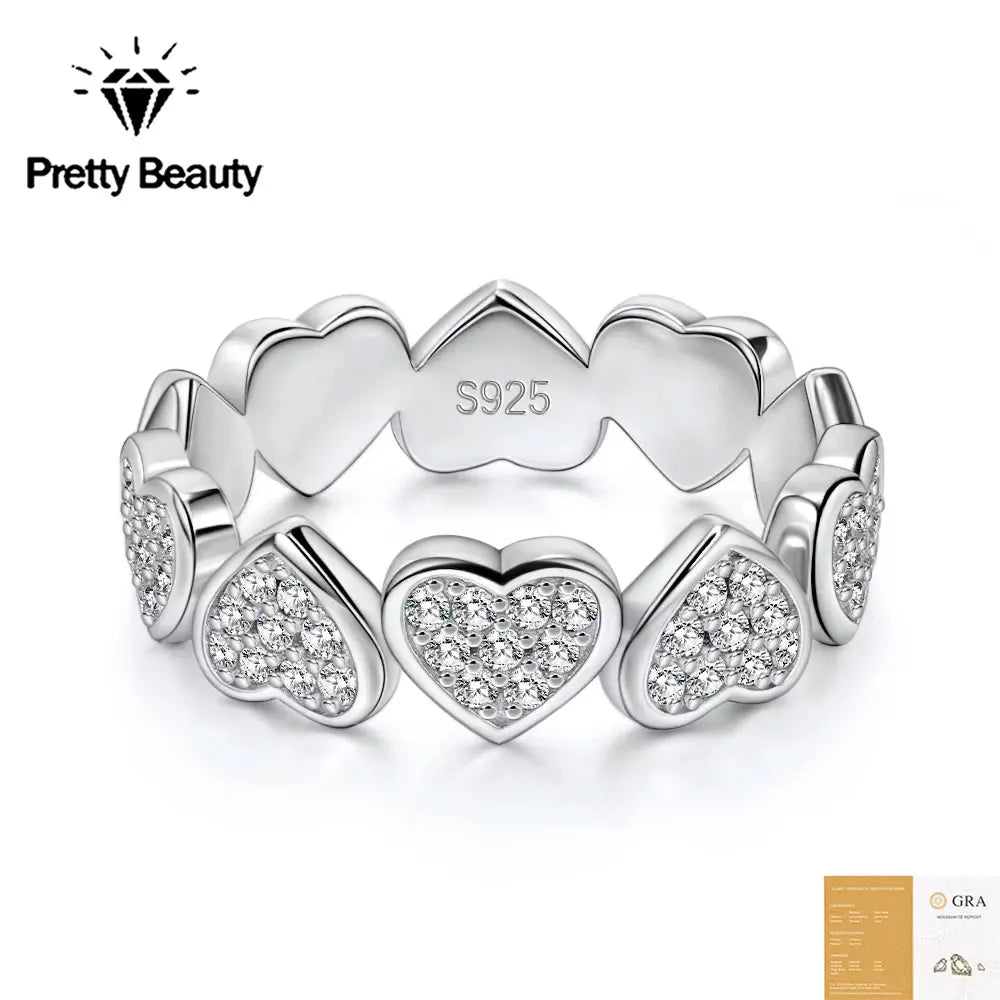 Pretty Beauty Moissanite Heart Eternity Ring S925 Silver Sparkling Diamond Wedding Band for Women Anniversary Fine Jewelry Gift