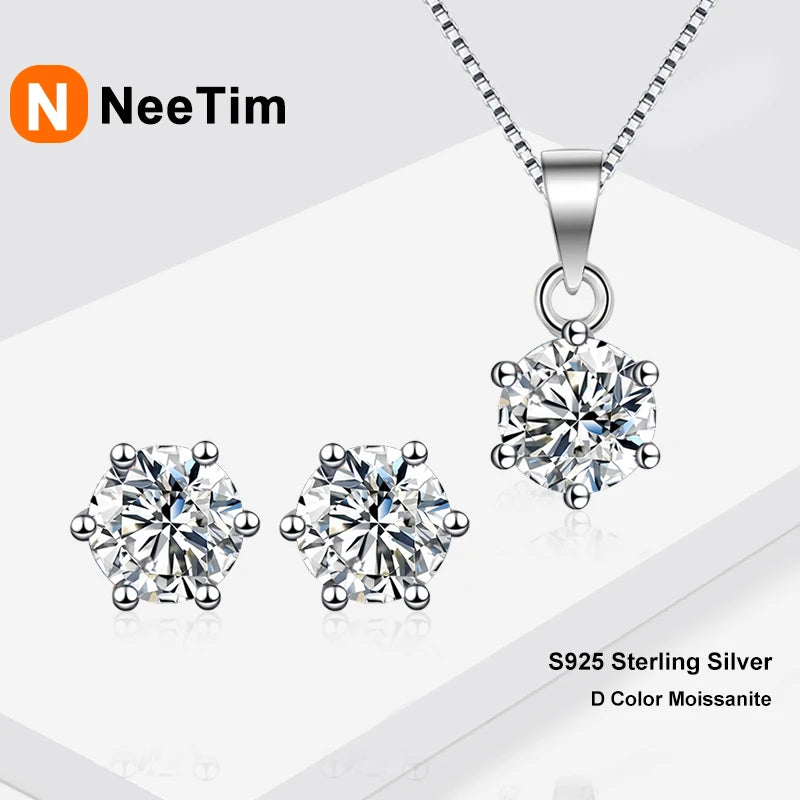 NeeTim 1ct 2ct 3ct 4ct Moissanite Earrings Necklace Sets for Women 925 Silver with White Gold Plated Wedding Party Jewelry Sets