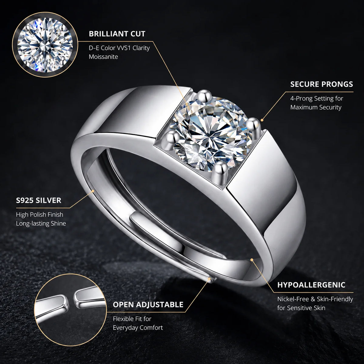 LongZhe Moissanite Ring for Men Rings for Men 925 Sterling Silver Adjustable Open Ring 1CT 6.5mm Fine Jewelry Gift