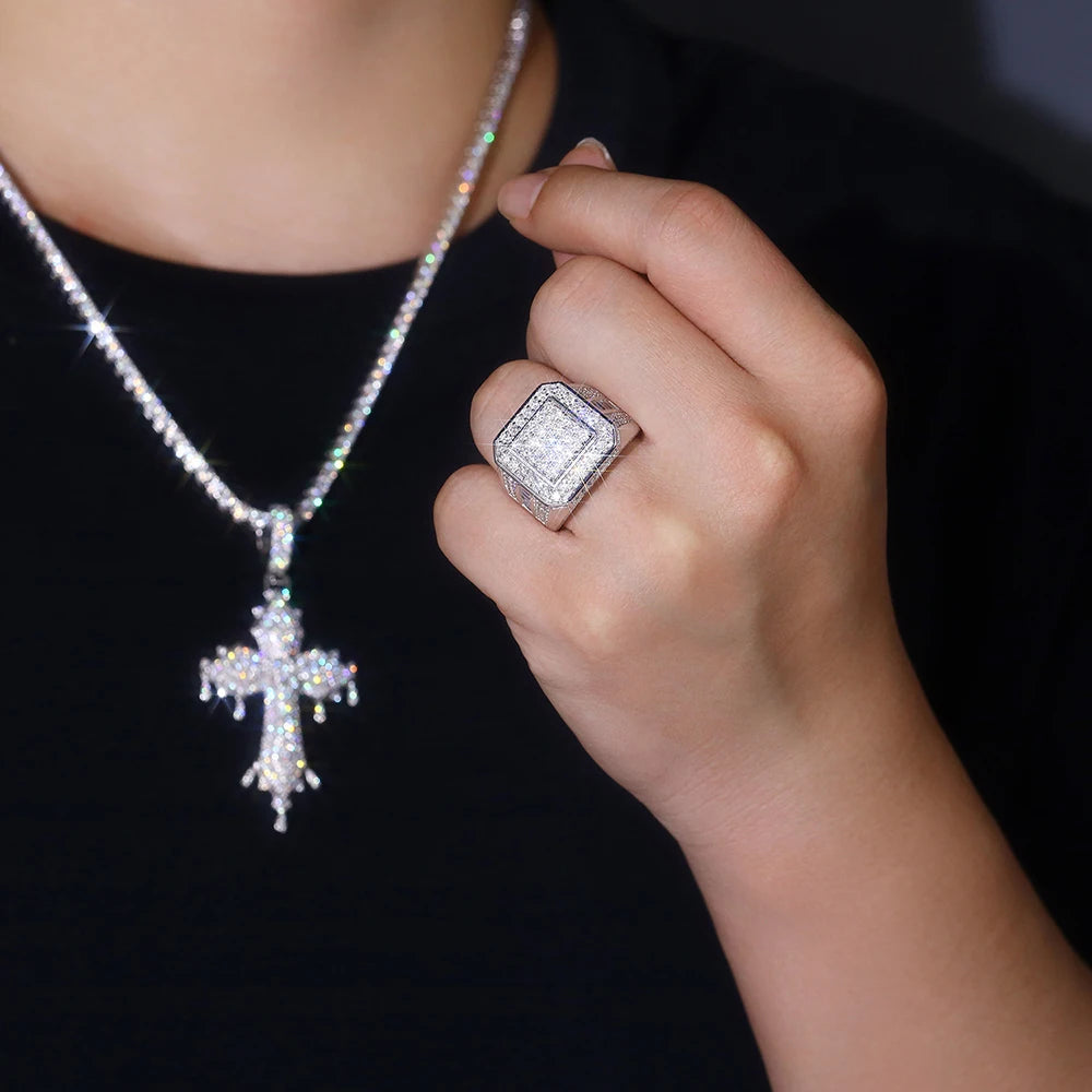 S925 Sterling Silver VVS Moissanite Men's Ring Hipster Style with Square and Round Brilliant Cuts Hip Hop Jewelry