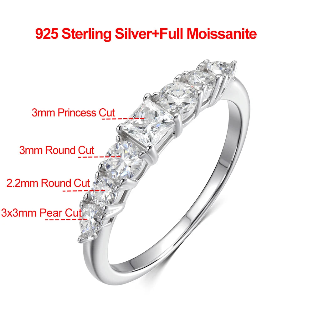 7 Stone All Moissanite Half Eternity Ring for Women 925 Sterling Silver Stackable Bands Wedding Engagement Rings Fine Jewelry